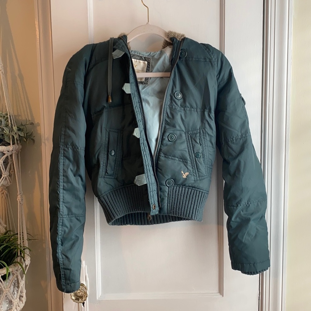 American Eagle Green Bomber Jacket with Fur Hood